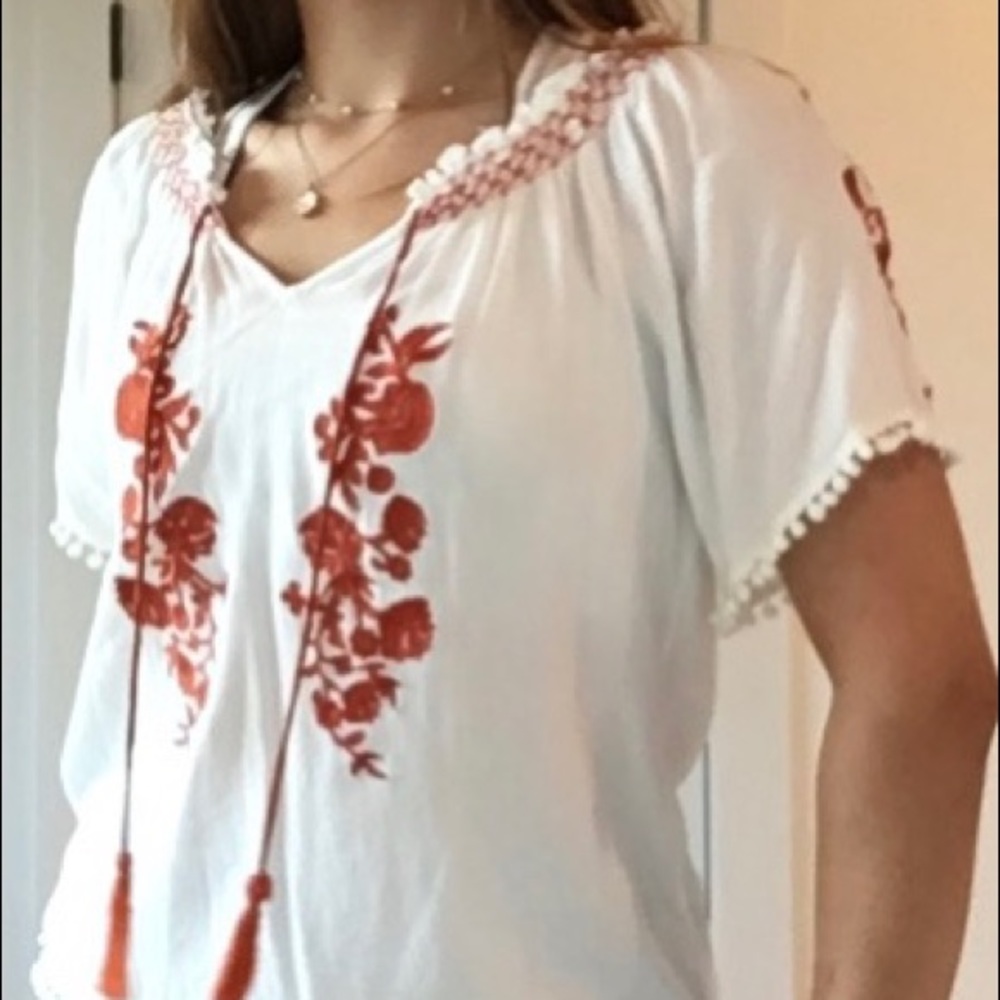 Burnt Orange and White V-Neck Blouse